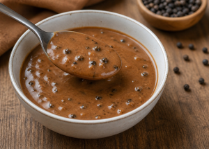 Pebersovs opskrift – cremet sauce med peberkorn i skål
