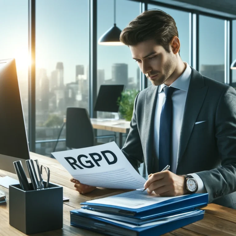 Un officier de protection des données examinant des documents RGPD dans un bureau lumineux.