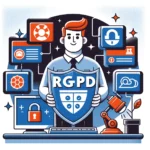 Une personne tenant un bouclier avec les lettres "RGPD" devant un ordinateur.