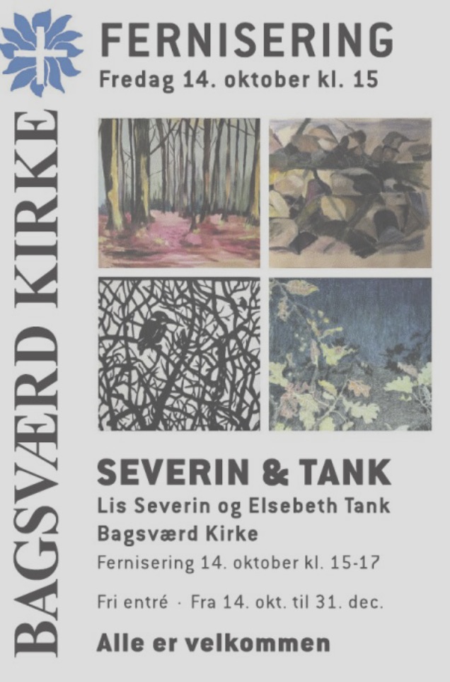 Udstilling i Bagsværd Kirke, maleri, tegninger og papirklip af Severin og Tank. Fernisering 14.10.2022 Udstillingsplakat