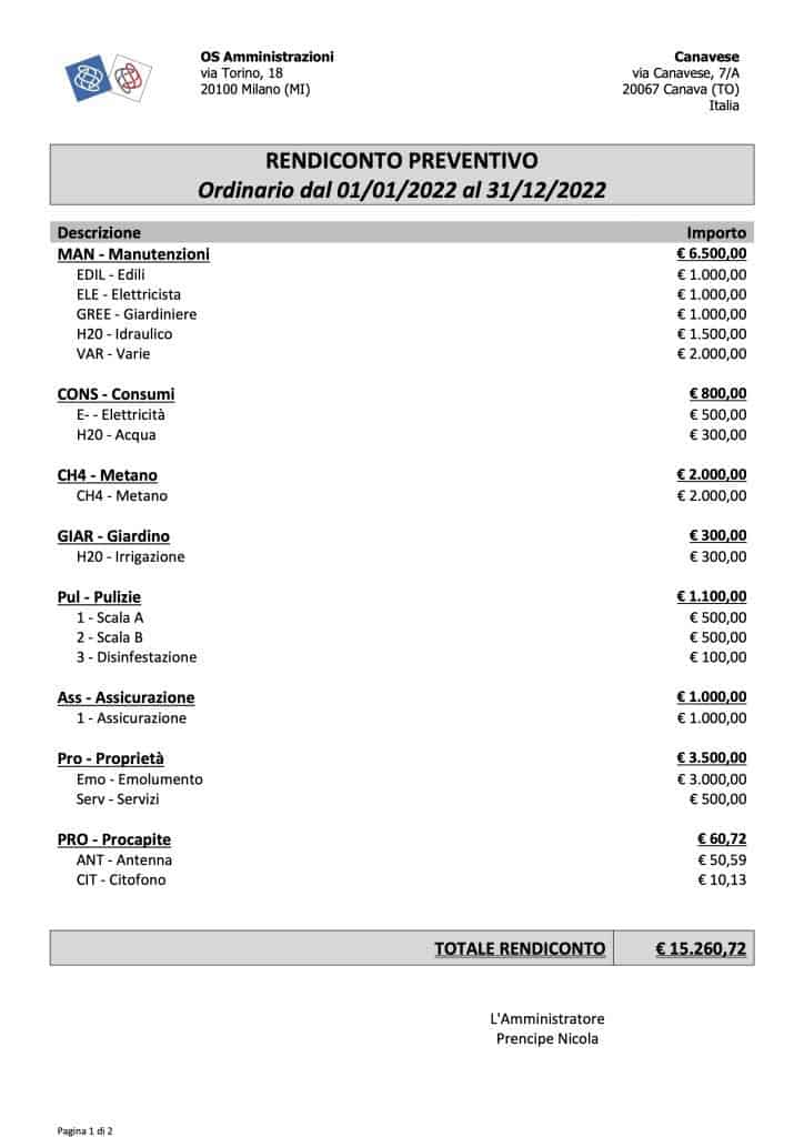 Rendiconto preventivo - Arcadia