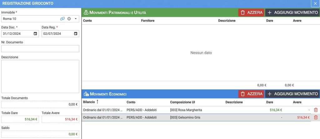 Movimentazione compensazione debiti e crediti condomini