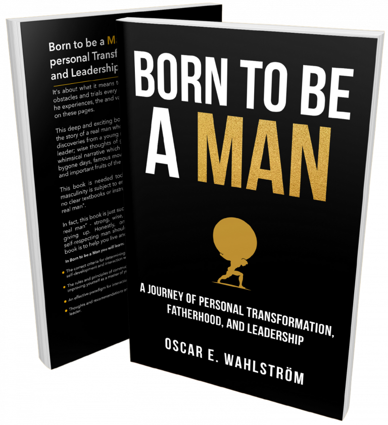 Book Cover: 'Born to be a Man' - Black cover with white text, gold 'Man' text, and Atlas lifting the world