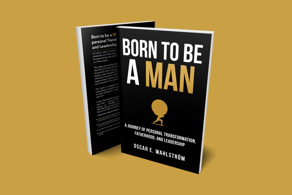 Book Cover: 'Born to be a Man' - Black cover with white text, gold 'Man' text, and Atlas lifting the world