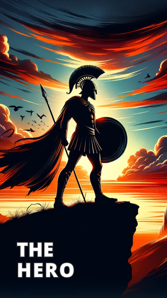 A warrior looking our of a cliff, holding a spear in his right hand, and a shield in his left.