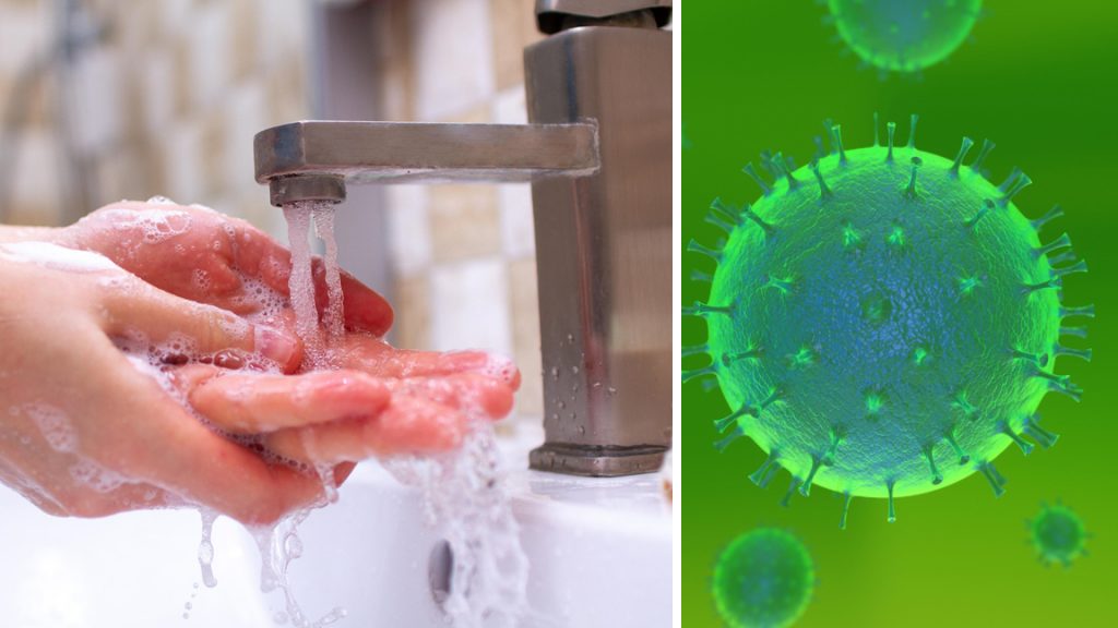 En person som tvättar sina händer med ett Coronavirus bredvid
