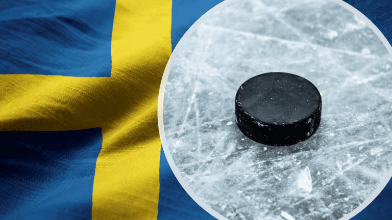 Svensk flagga med en infälld hockepuck