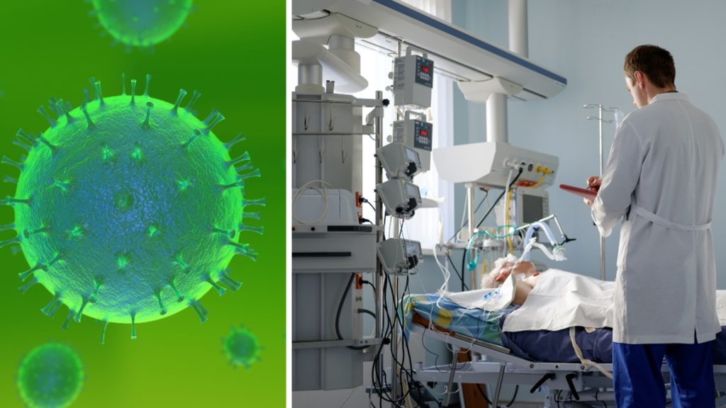 Ett Coronavirus jämte en person som intensivvårdas under överseende av en läkare