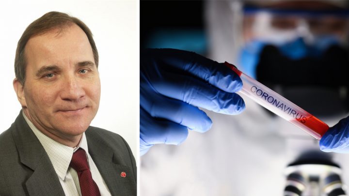 Stefan Löfven jämte ett Coronavirusprov