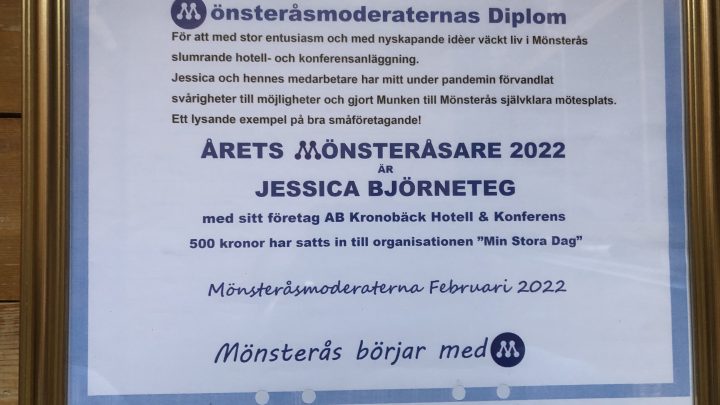 Diplom, Årets Mönsteråsare, som delas ut av Moderaterna i Mönsterås kommun