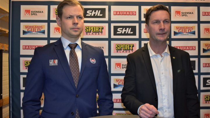 IK Oskarshamns tränare Martin Filander och Färjestads tränare Johan Pennerborn på en pressträff