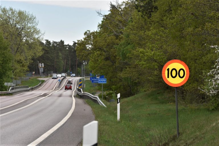 Bild på 100-skylt på E22:an mellan Oskarshamn och Mönsterås