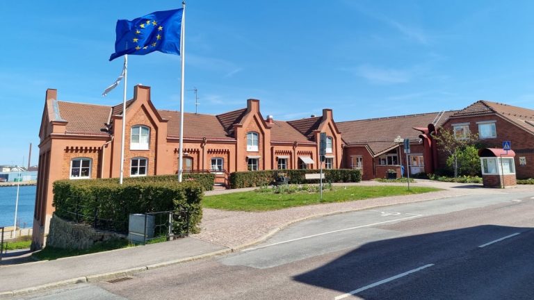Bild på EU-flaggan som vajar i vinden utanför stadshuset i Oskarshamn