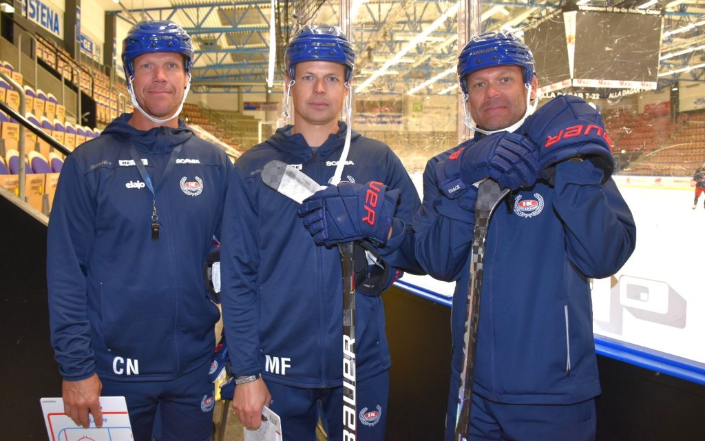 Christoffer Norgren (assisterande tränare), Martin Filander (huvudtränare) och Mikael Holmqvist (assisterande tränare), IK Oskarshamn.