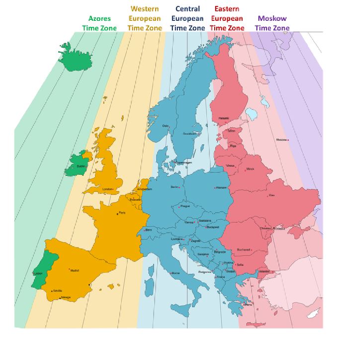 Karta med Europas tidszoner