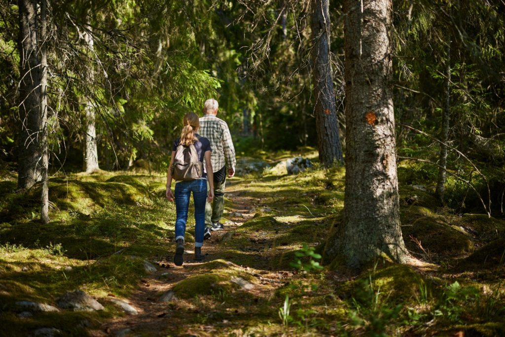 Man och kvinna som vandrar på led genom skog