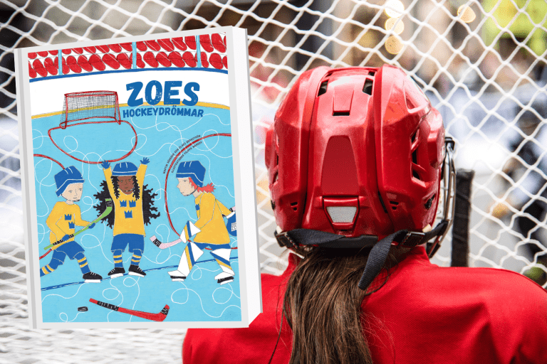 Hockeyspelare med röd hjälm och långt hår och boken Zoes hockeydrömmar