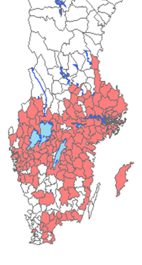 Karta över Sverige där de färglagda kommunerna har en förhöjd förekomst av TBE