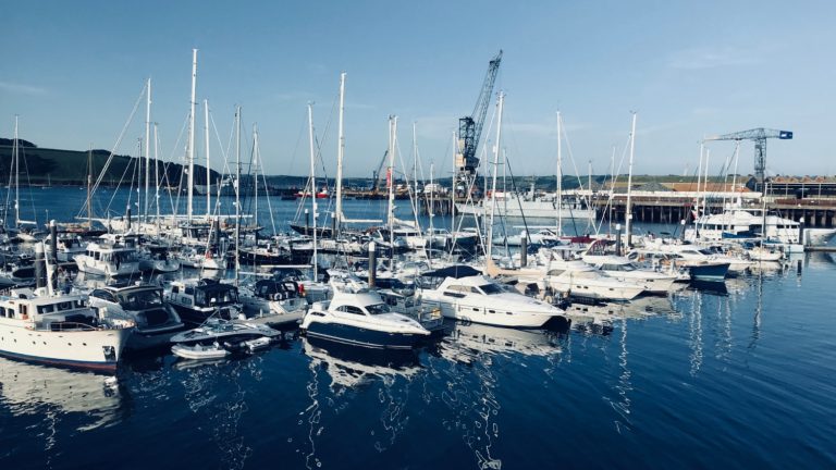 Marina med båtar vid bryggor