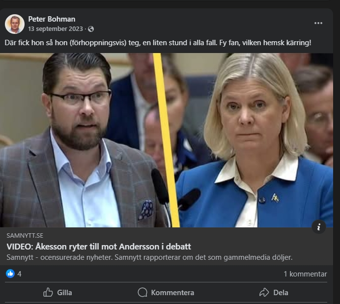 Skärmdump från Peter Bohmans Facebooksida.