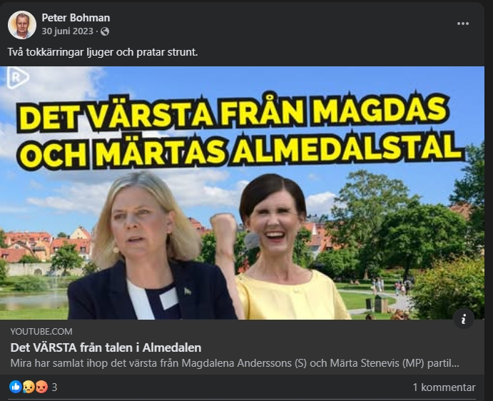Skärmdump från Peter Bohmans Facebooksida.