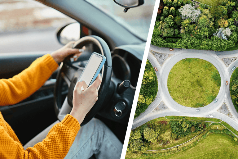 Kvinna med mobil i bilen och bild på rondell ovanifrån