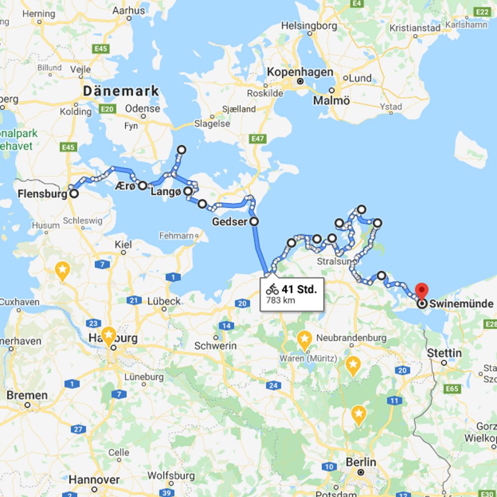 Karte mit Route Süddänemark-Fähre-DE