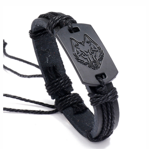 Lederarmband trifft Edelstahl mit Wolfskopf Gravur Zodiak