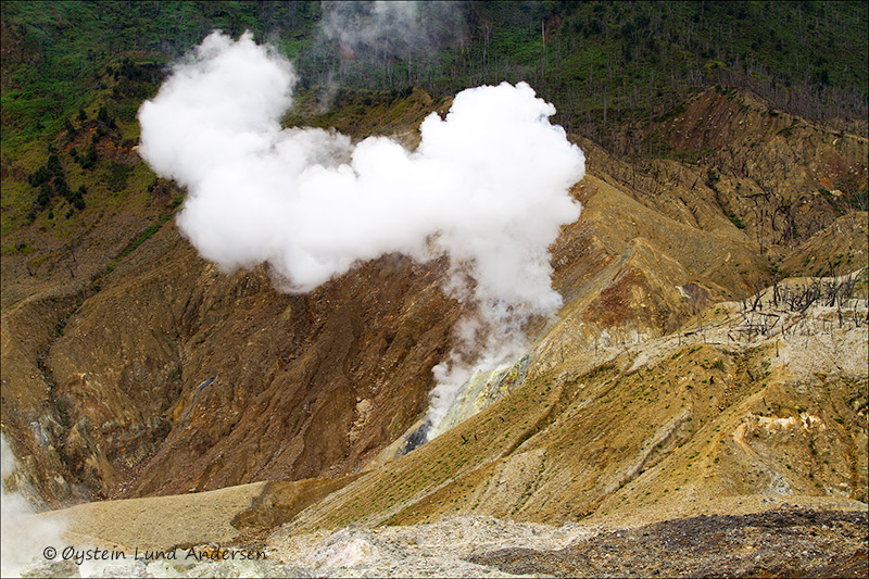 Kawah baru crater emitting 100m tall steam plume, extending in the next photo.