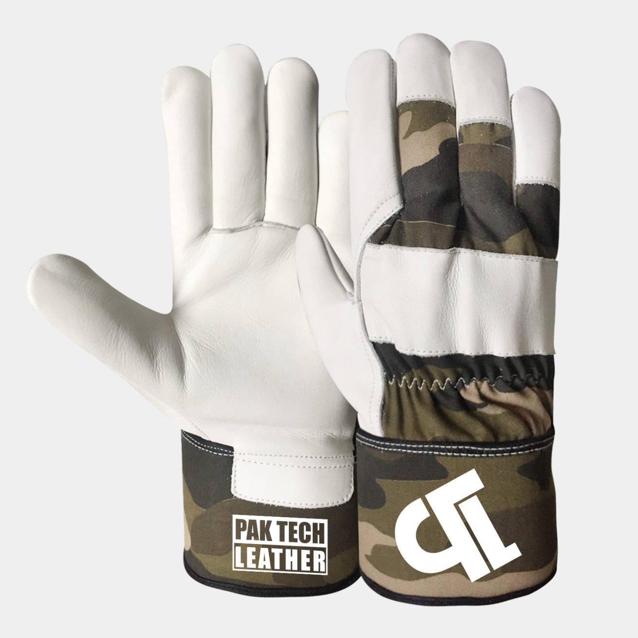 Half lined cowskin leather glove with camo flag cotton fabric on back of hand and Rubberized safety cuff. Elastic at wrist keeps out dirt and debris with slip-on style cuff for quick and easy removal. Wristband over wrist. Seam-reducing palm.