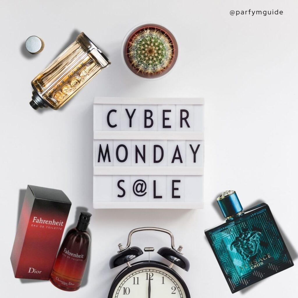 Cyber Monday parfymrea med en skylt i mitten med kampanjreans namn, samt parfymer runt om kring som har sänkt pris Cyber Monday parfymrea med en skylt i mitten med kampanjreans namn, samt parfymer runt om kring som har sänkt pris.