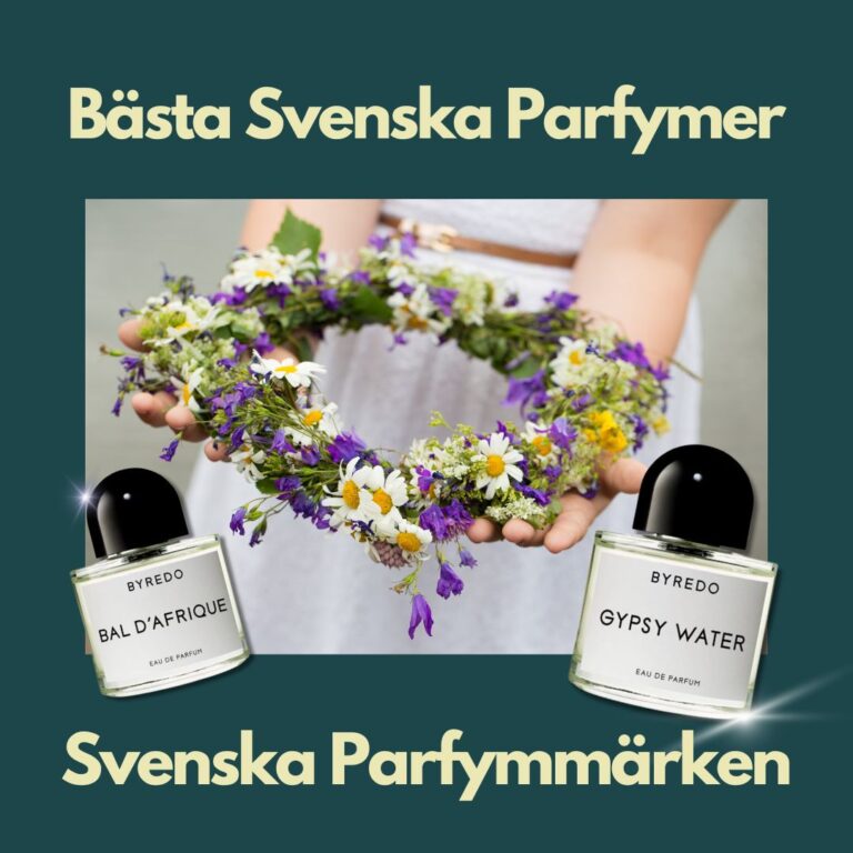 Bästa svenska parfymer presenteras med en svensk kvinna med traditionell midsommarkrans samt en beskrivande rubrik om svenska dofter.