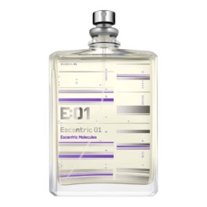 Flaska av Escentric Molecules Escentric 01 Eau de Toilette, en modern och komplex doft med inslag av Iso E Super, lime och rosa peppar.