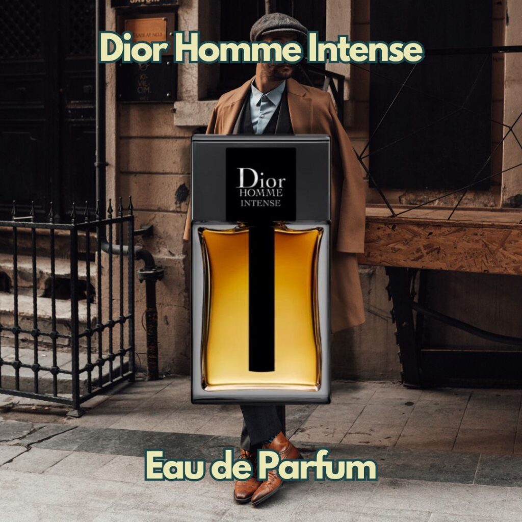 Dior Homme Intense eau de parfum guide som presenteras med en stilig gentleman med rock och kostym i bakgrunden som visar en klassisk känsla.