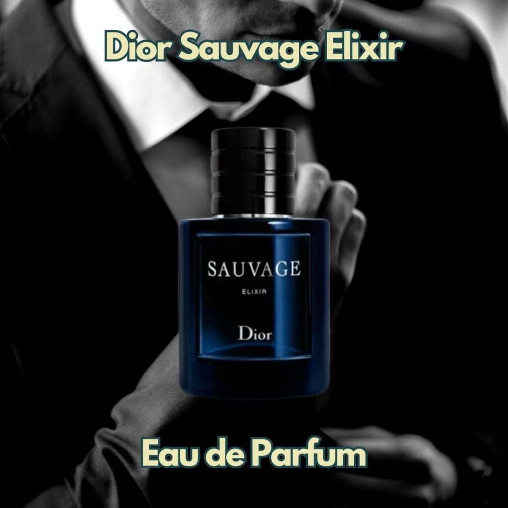 Dior Sauvage Elixir eau de parfum guide som presenteras med en stilig herr i bakgrunden, klädd i en klassisk kostym som ger en sofistikerad, mystisk och manlig aura.