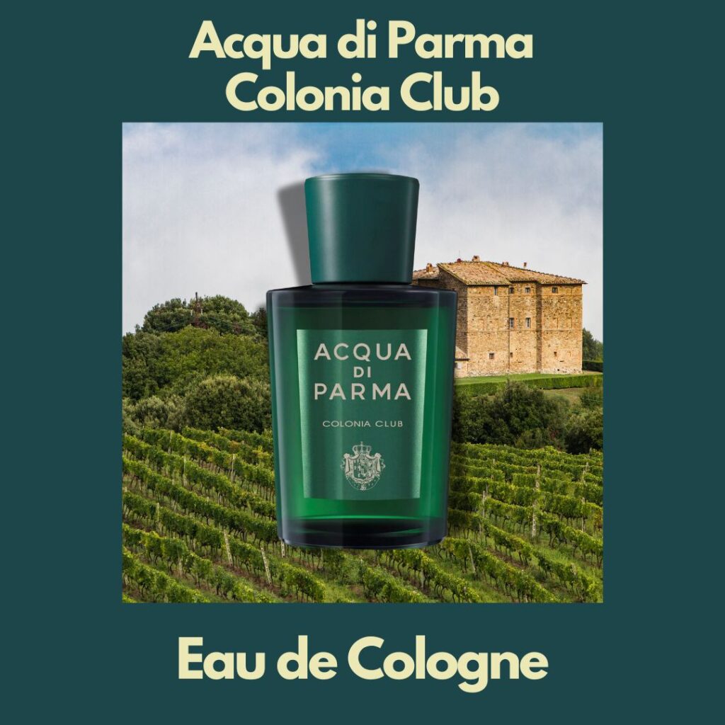 Acqua di Parma Colonia Club parfym presenteras framför en italiensk by med odling och grönska med frisk och sofistikerad doft av frukt.