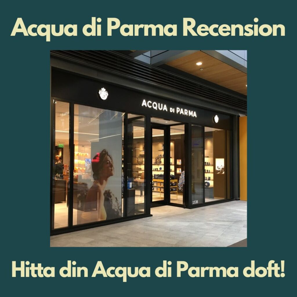 Acqua di Parma recension presenteras med en bild på Acqua di Parma butikfasad med Acqua di Parma-skyltfönster i charmig och elegant stil. Acqua di Parma recension presenteras med en bild på Acqua di Parma butikfasad med Acqua di Parma-skyltfönster i charmig och elegant stil.
