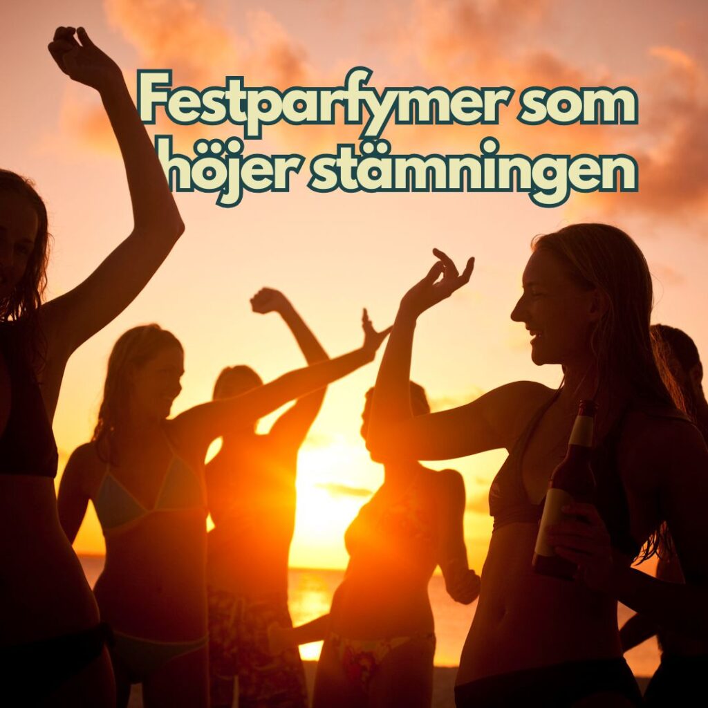 Ett gäng vänner som festar under solnedgången med dans, skratt och doftande festparfymer som höjer stämningen.