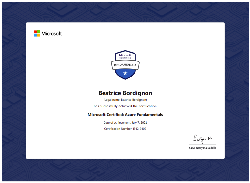 AZ-900 Certificate Beatrice Bordignon