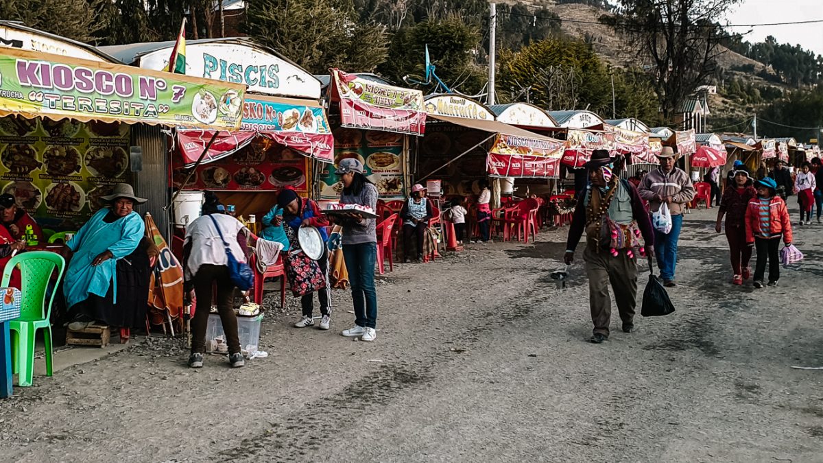 market stalls around Lake Titicaca in Copacabana bolivia 