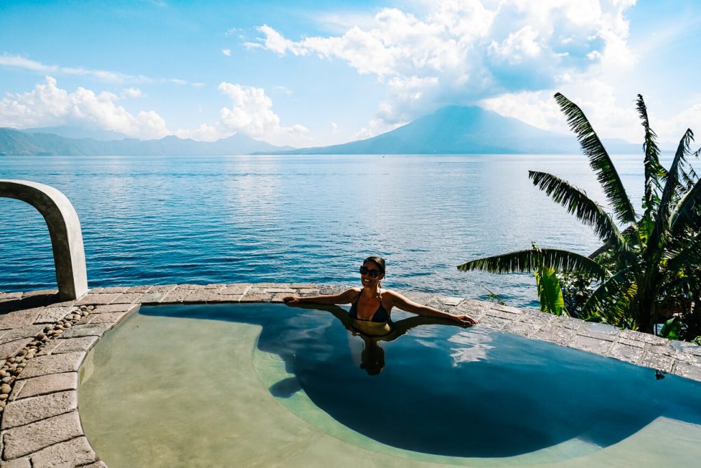 woman in infitiny pool Lake Atitlan