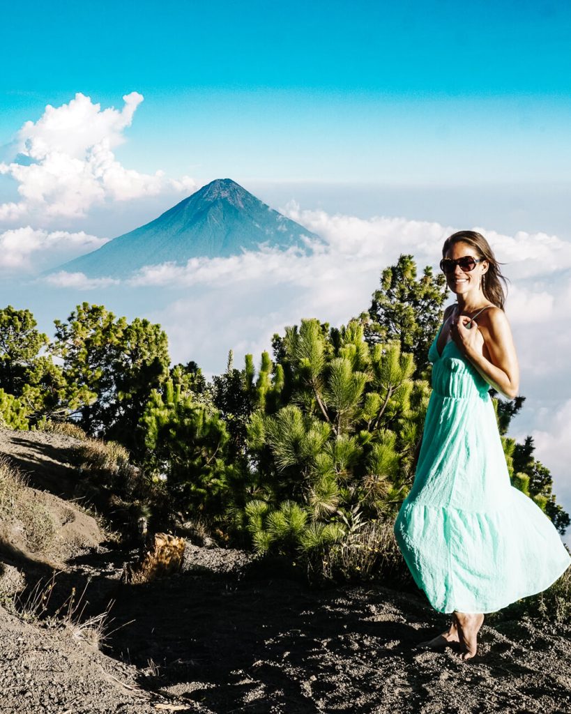 Deborah in front of Agua volcano, the view when hiking the Acatenango volcano 
