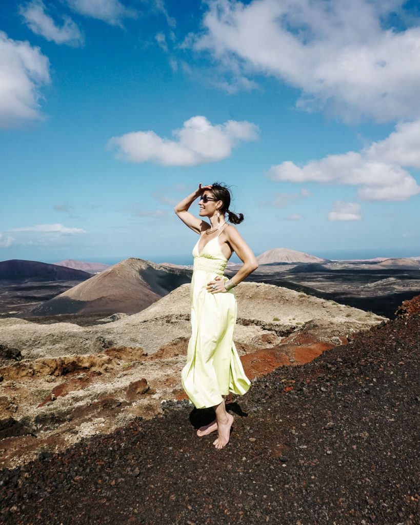 Deborah on Volcan el cuervo, overlooking Timanfaya, one of the best things to do on Lanzarote