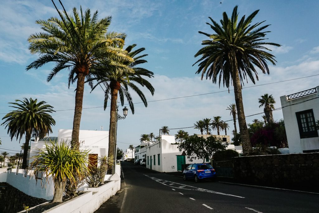 white houses and Palm trees in La Haria. La Haría is beautifully situated in a valley with palm trees and is a village that is less visited than Teguise. One of my Lanzarote travel tips is to visit Haria on a saturday because of the market. 