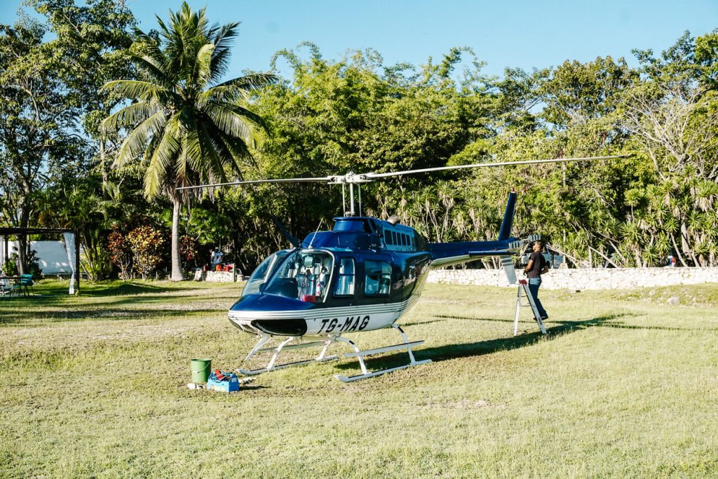 helikopter departing for El Mirador Guatemala helicopter tour