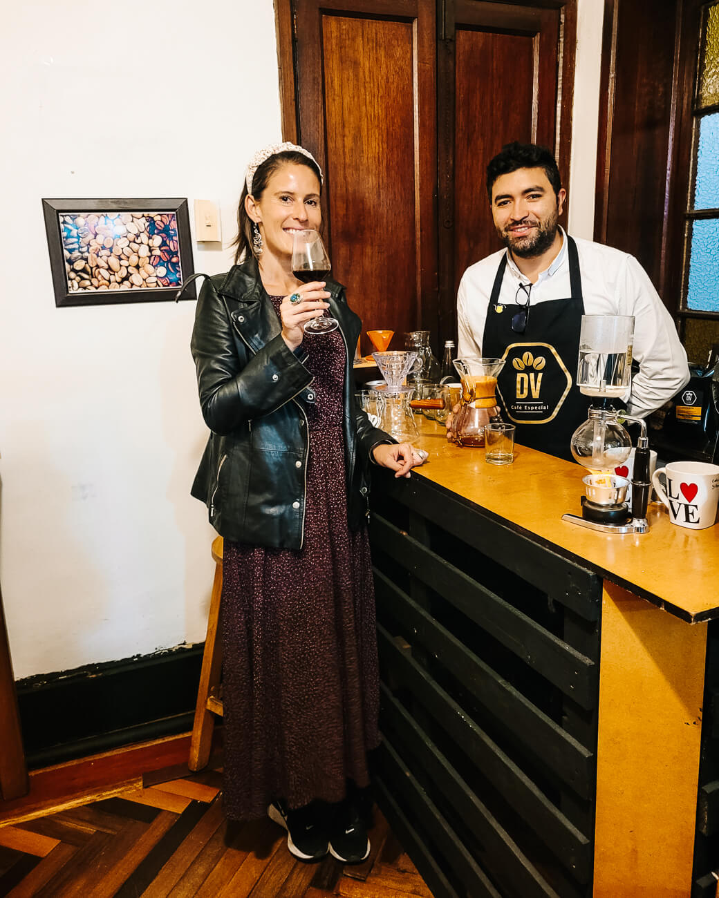 Leandro Galindo Giraldo and Deborah during coffee tasting, one of the best things to do in Bogota