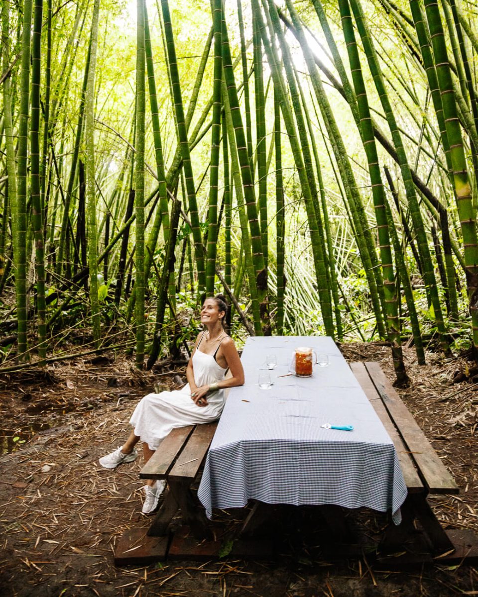 deborah aan picknicktafel in bamboebos