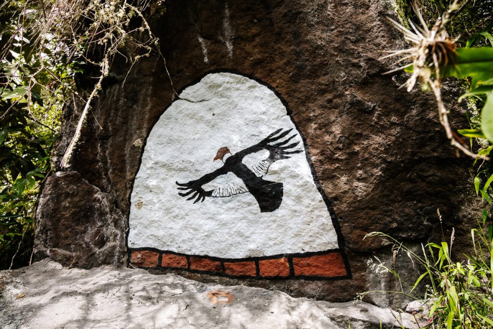 mural in rock of condor nest in El nido del Condor in Colombia