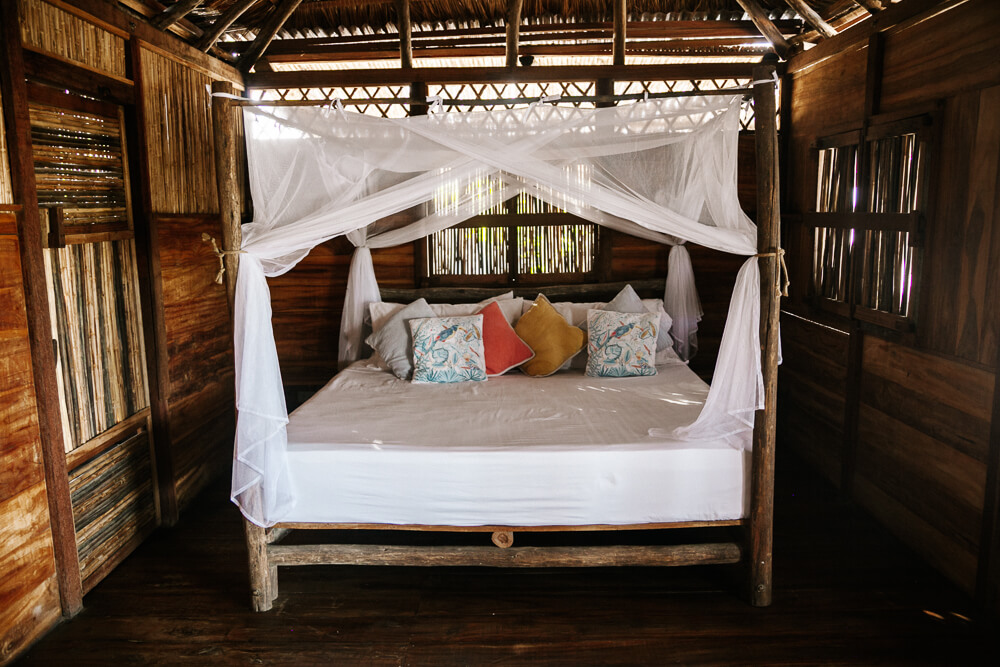 Bed in bungalow of Awatawaa Ecolodge, in La Guajira Colombia.