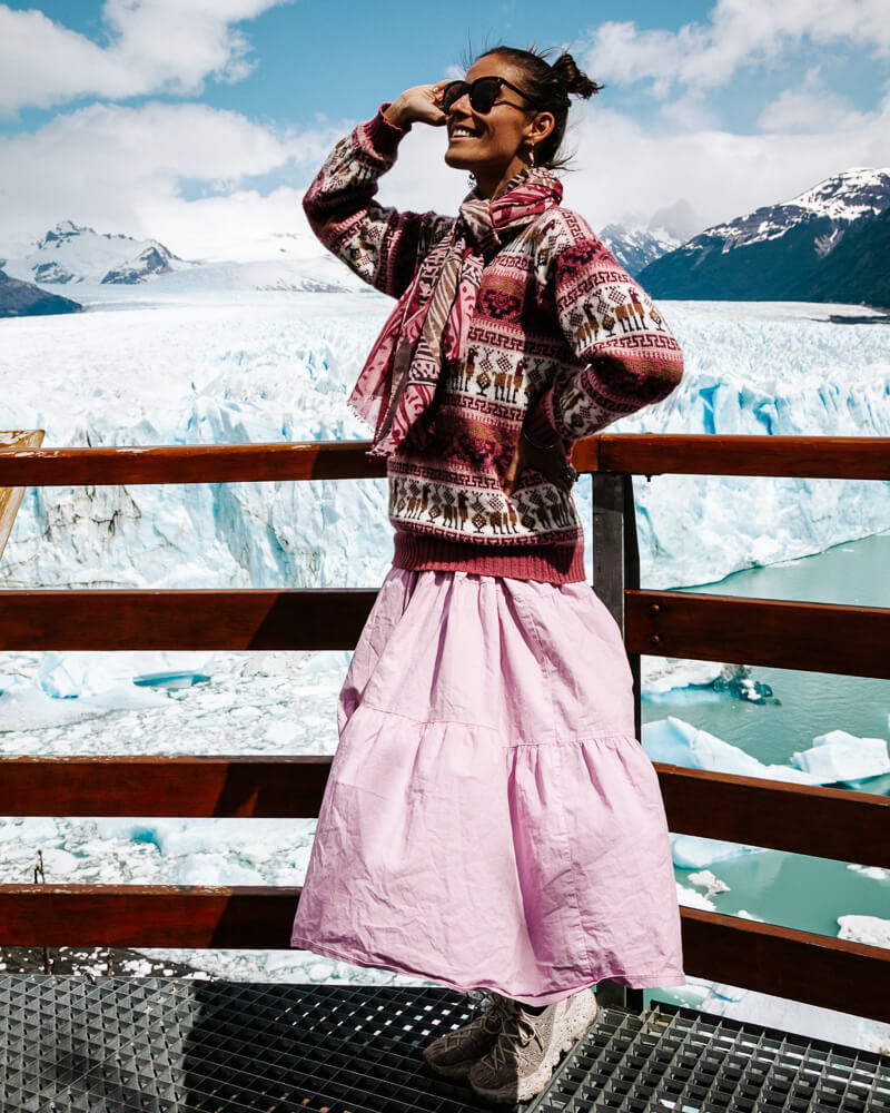 Deborah at the Perito Moreno glacier, one of the best things to do in El Calafate argentina .